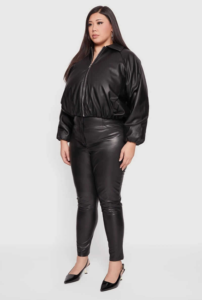 Plus Faux Leather Zip Front Bubble Hem Jacket