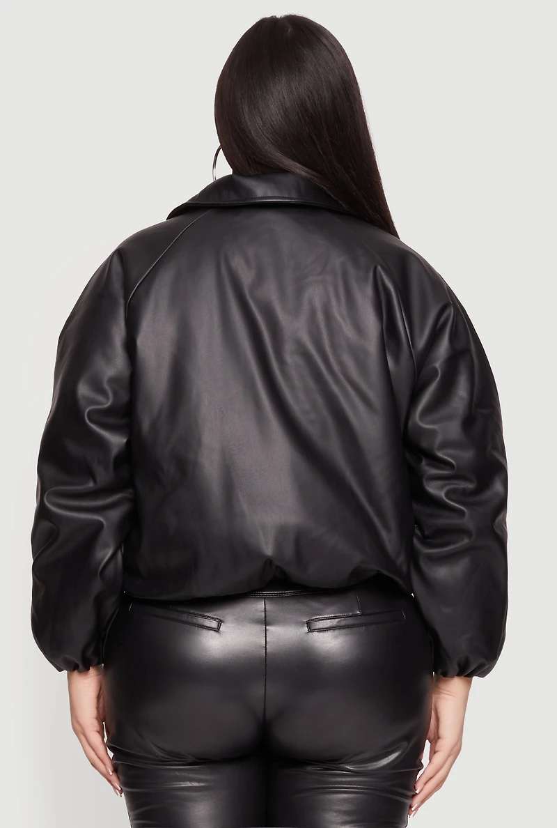 Womens Plus Faux Leather Zip Front Bubble Hem Jacket, 3X