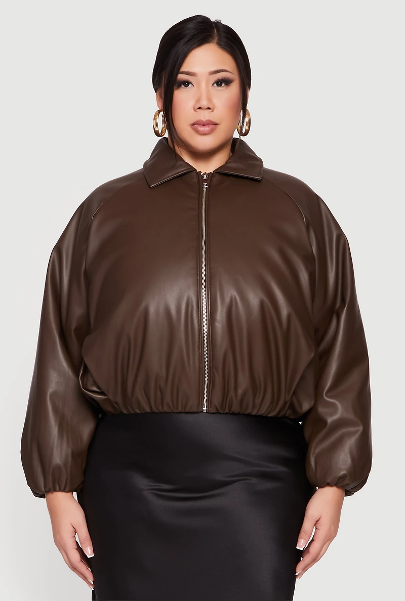 Womens Plus Size Faux Leather Zip Front Bubble Hem Jacket, Brown, Size 1X