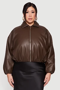 Plus Faux Leather Zip Front Bubble Hem Jacket