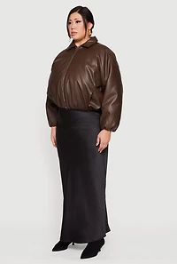 Womens Plus Size Faux Leather Zip Front Bubble Hem Jacket, Brown, Size 1X