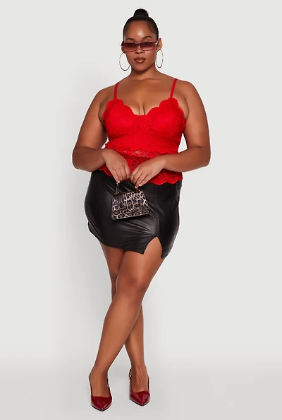 Womens Plus Size Floral Lace Scalloped Hem Cami, Red, Size 1X