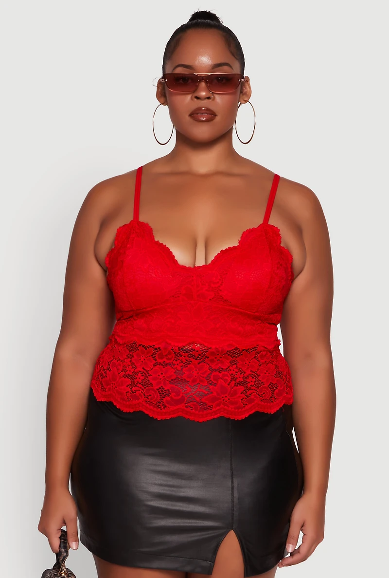 Womens Plus Size Floral Lace Scalloped Hem Cami, Red, Size 1X
