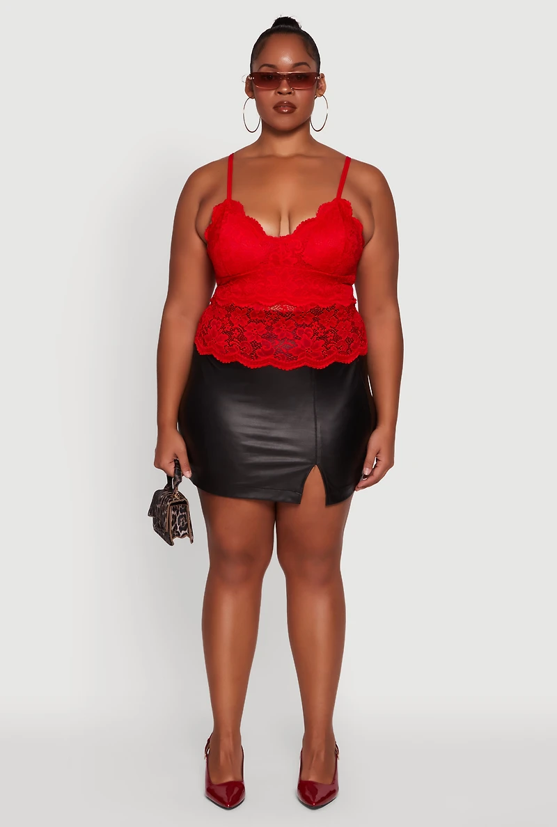 Womens Plus Size Floral Lace Scalloped Hem Cami, Red, Size 1X