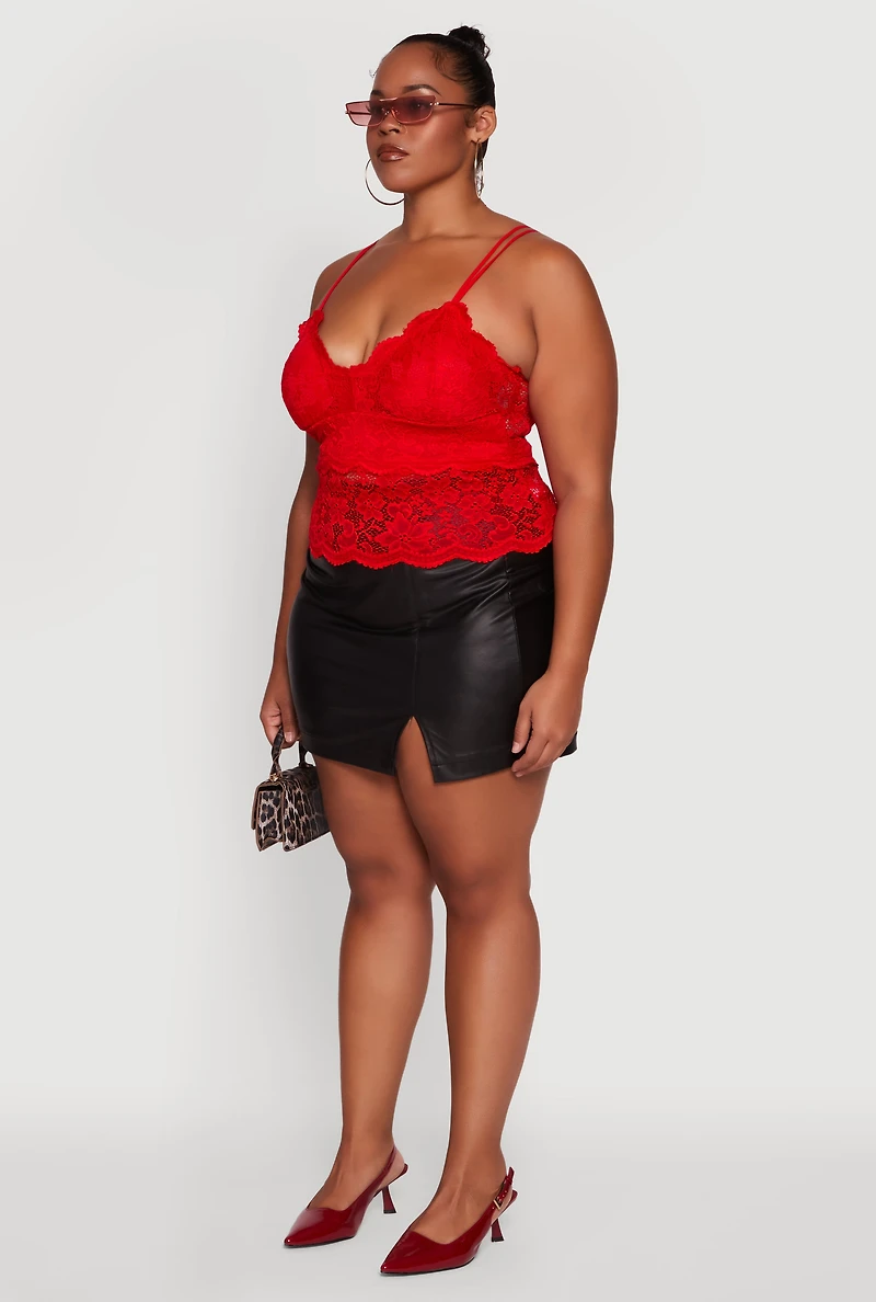 Womens Plus Size Floral Lace Scalloped Hem Cami, Red, Size 1X