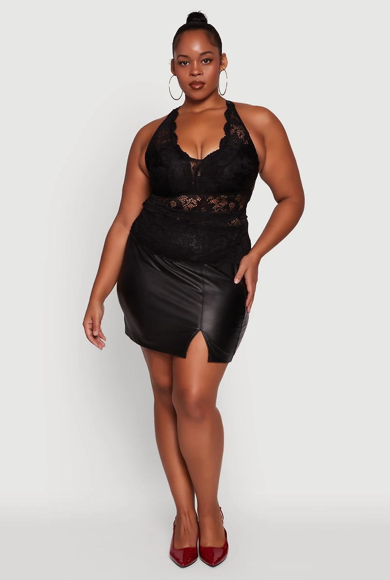 Womens Plus Size Floral Lace Cross Back Halter Top, Black, Size 3X