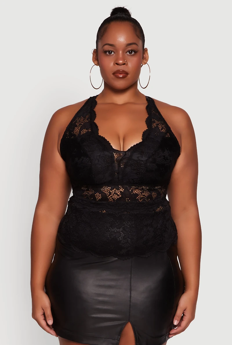 Womens Plus Floral Lace Cross Back Halter Top,