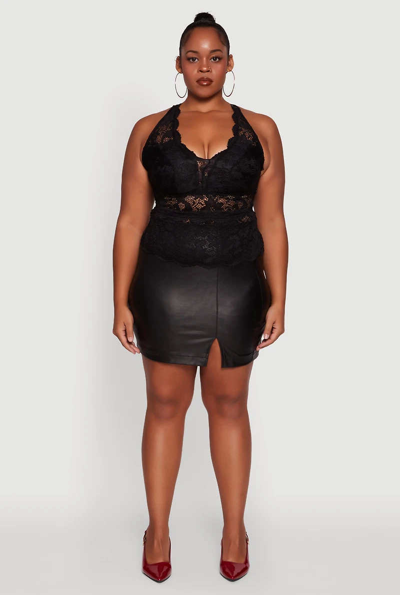 Womens Plus Size Floral Lace Cross Back Halter Top, Black, Size 3X