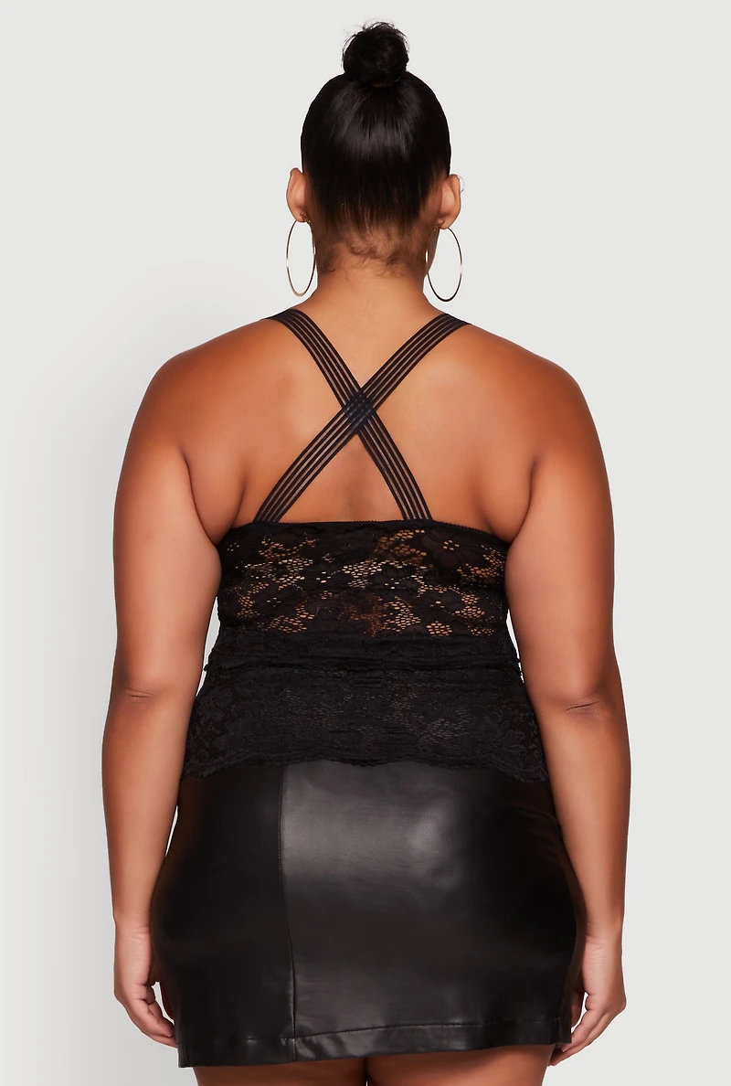 Womens Plus Floral Lace Cross Back Halter Top,