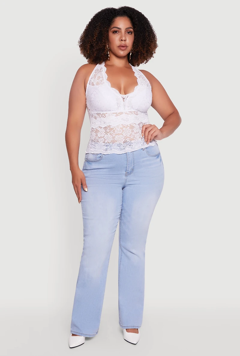 Womens Plus Size Floral Lace Cross Back Halter Top, White, Size 1X