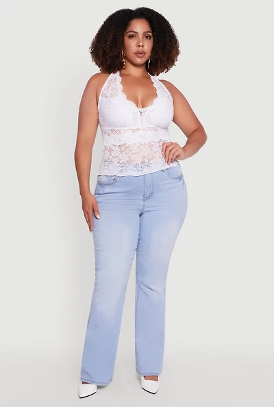 Womens Plus Size Floral Lace Cross Back Halter Top, White, Size 1X