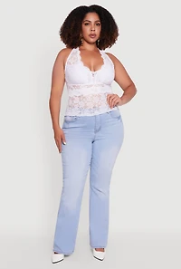 Womens Plus Size Floral Lace Cross Back Halter Top, White, Size 1X
