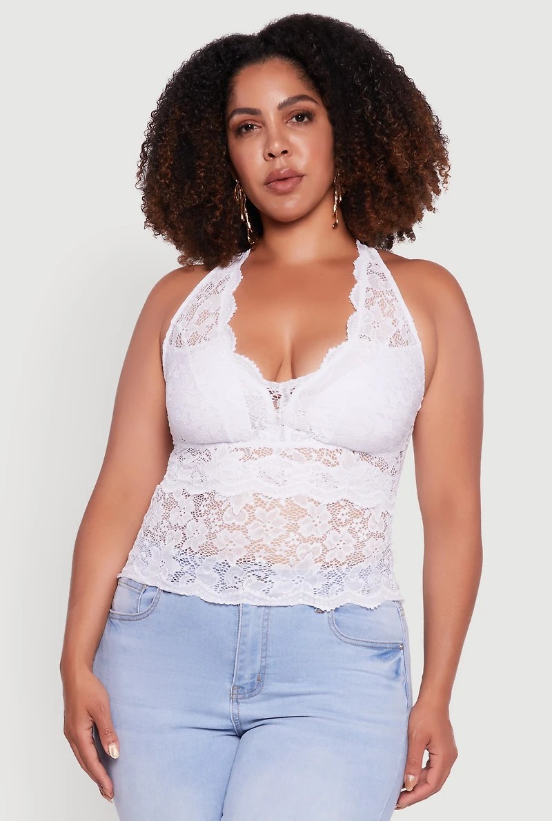 Womens Plus Size Floral Lace Cross Back Halter Top, White, Size 2X