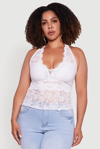 Womens Plus Size Floral Lace Cross Back Halter Top, White, Size 2X