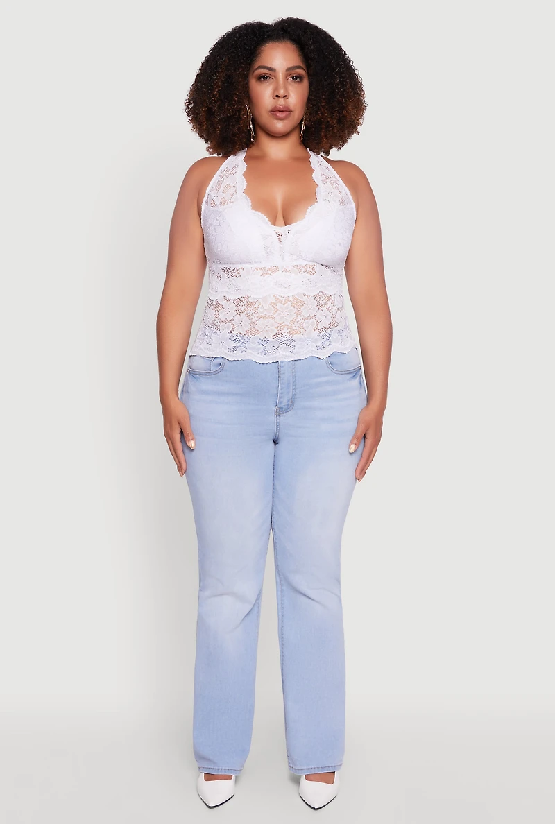 Womens Plus Size Floral Lace Cross Back Halter Top, White, Size 1X