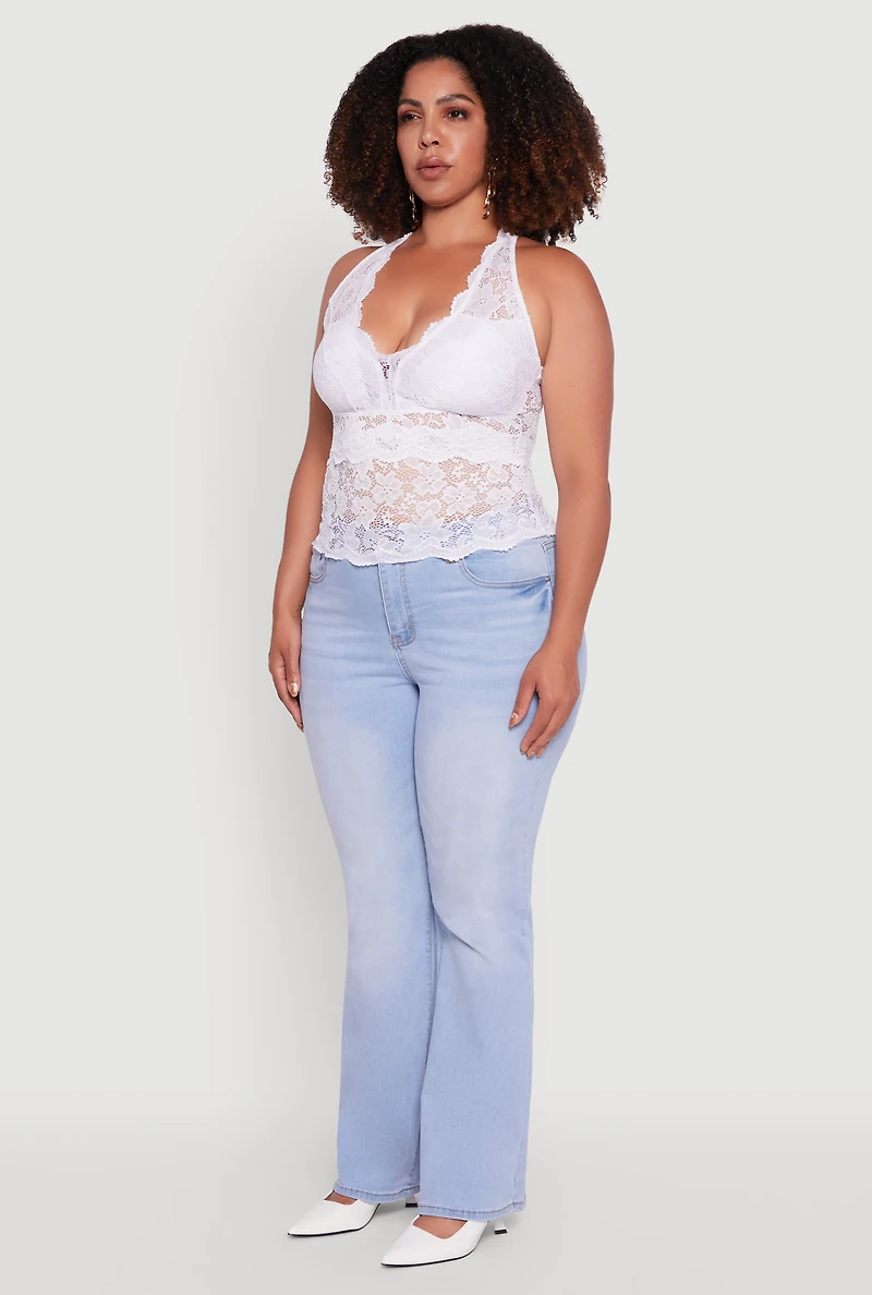 Womens Plus Size Floral Lace Cross Back Halter Top, White, Size 1X