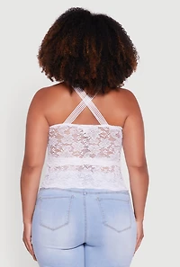 Womens Plus Size Floral Lace Cross Back Halter Top, White, Size 1X