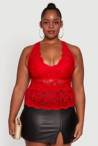 Womens Plus Size Floral Lace Cross Back Halter Top, Red, Size 2X