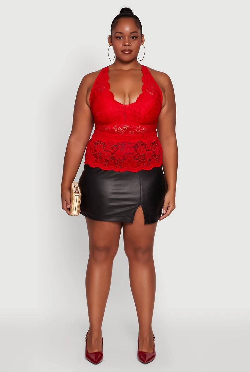 Womens Plus Size Floral Lace Cross Back Halter Top, Red, Size 2X