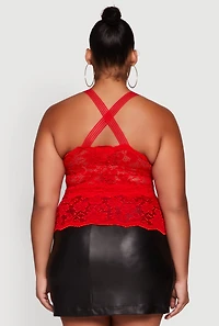 Womens Plus Size Floral Lace Cross Back Halter Top, Red, Size 2X