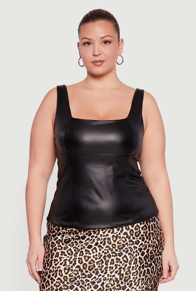 Womens Plus Faux Leather Square Neck Tank Top, Black,