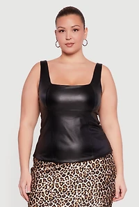 Womens Plus Faux Leather Square Neck Tank Top, Black,