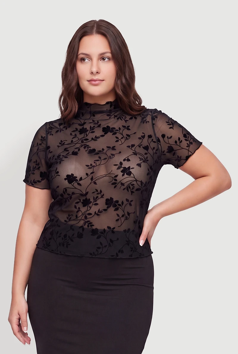 Plus Floral Velvet Burnout Lettuce Edge Mesh Tee