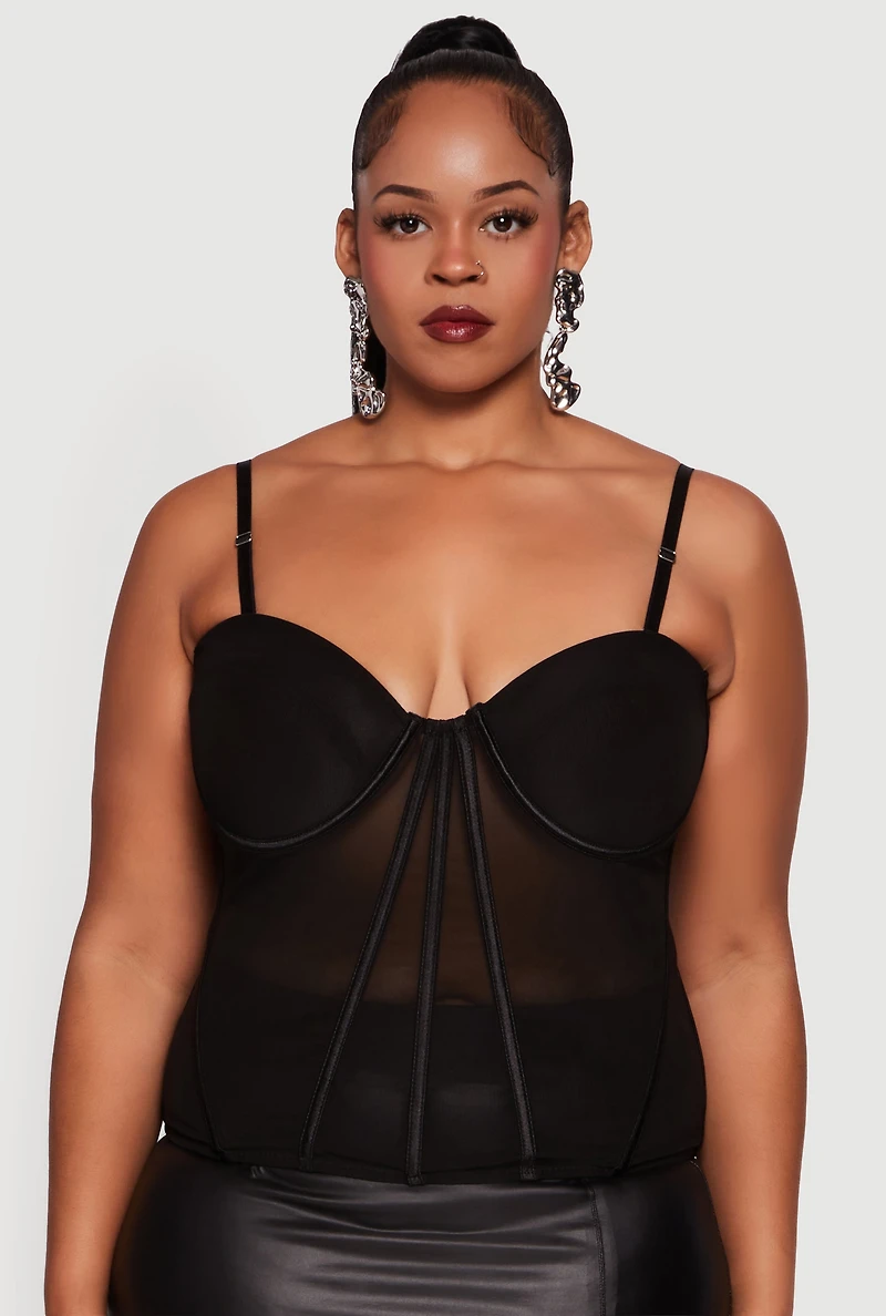 Womens Plus Size Sleeveless Sweetheart Mesh Bustier Top, Black, Size 3X