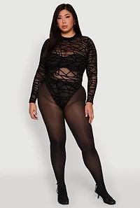 Womens Plus Sheer Velvet Burnout Geometric Print Bodysuit, Black,