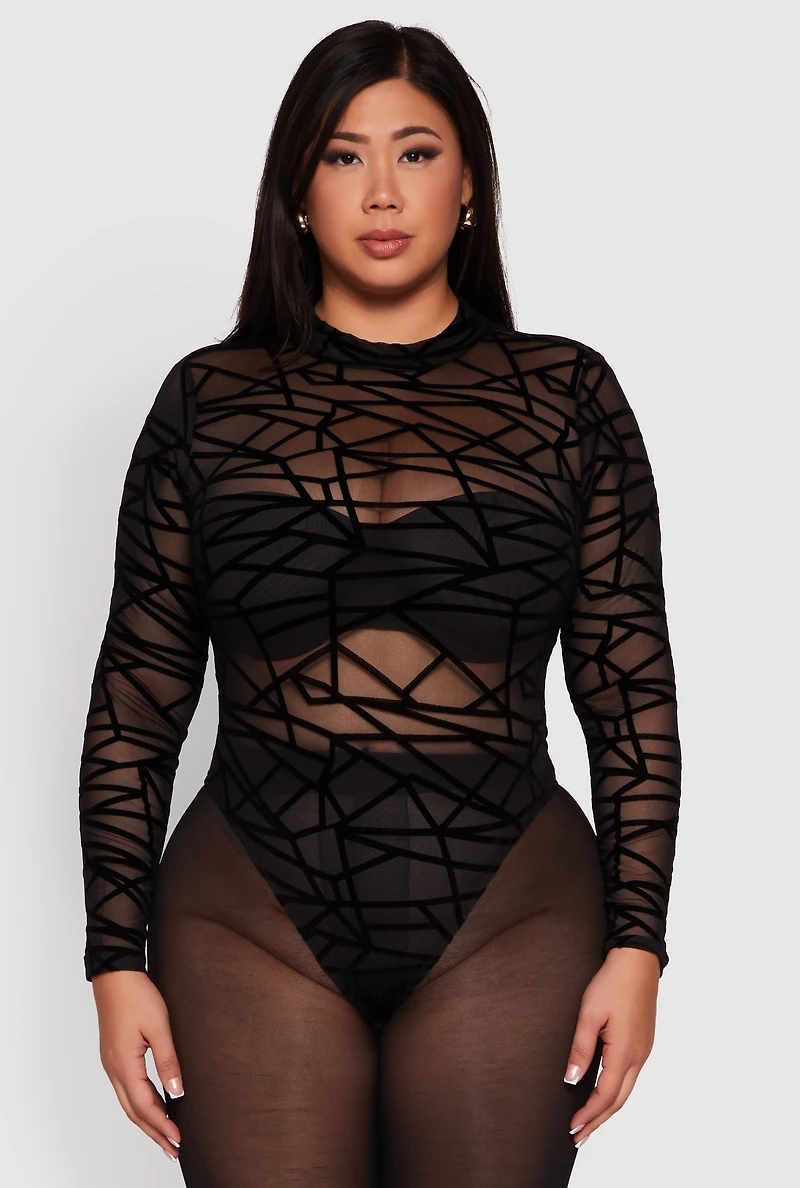 Womens Plus Sheer Velvet Burnout Geometric Print Bodysuit, Black,