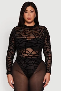 Womens Plus Sheer Velvet Burnout Geometric Print Bodysuit, Black,