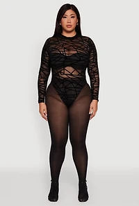 Womens Plus Sheer Velvet Burnout Geometric Print Bodysuit, Black,