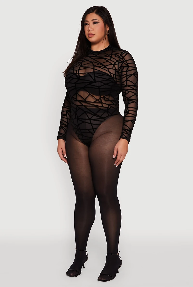 Womens Plus Sheer Velvet Burnout Geometric Print Bodysuit, Black,