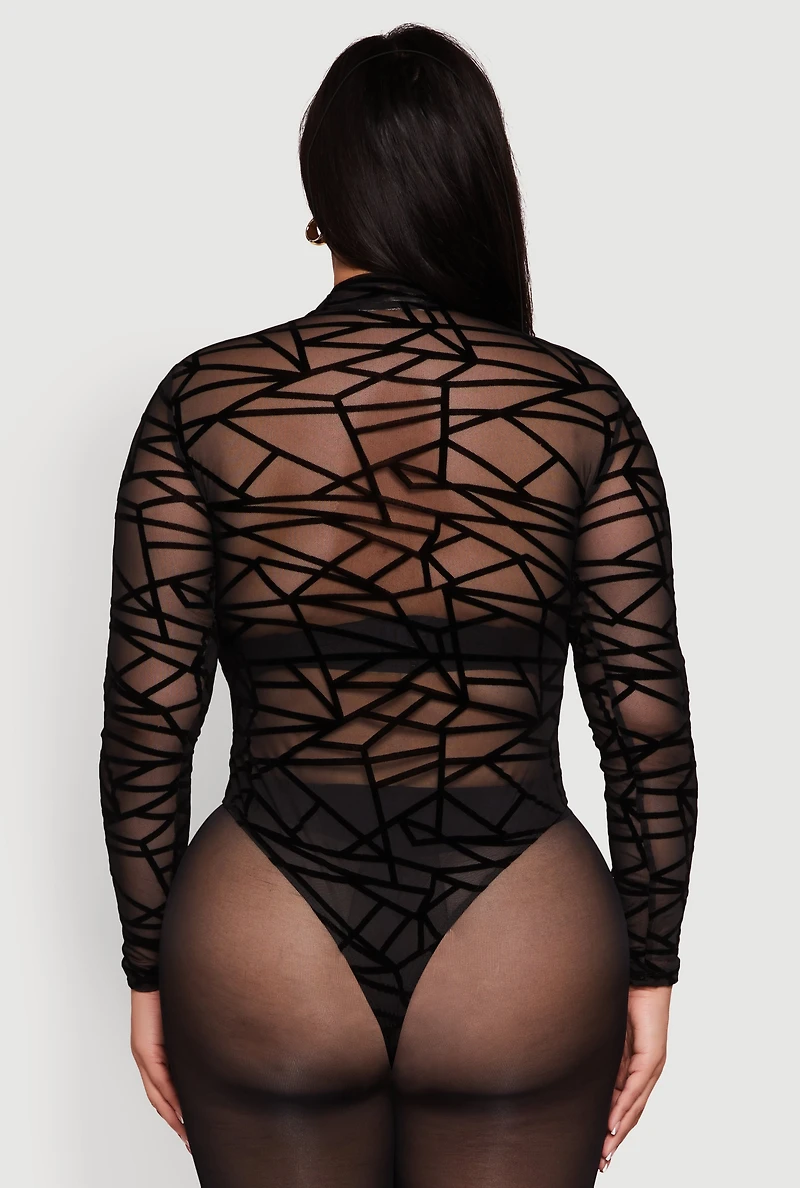 Womens Plus Sheer Velvet Burnout Geometric Print Bodysuit, Black,