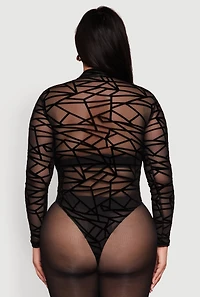 Womens Plus Sheer Velvet Burnout Geometric Print Bodysuit, Black,