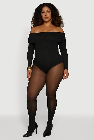 Womens Plus Fold Over Off Shoulder Long Sleeve Bodysuit,