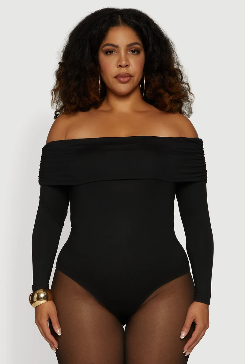 Womens Plus Fold Over Off Shoulder Long Sleeve Bodysuit,