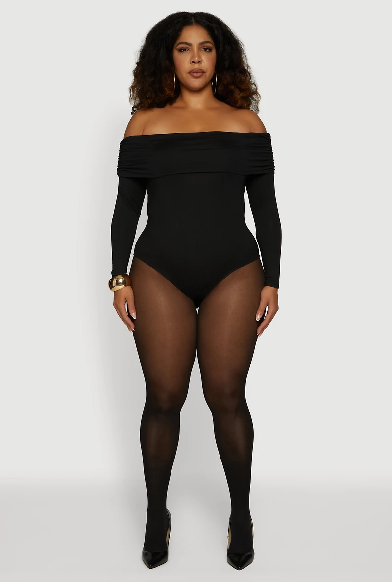 Womens Plus Fold Over Off Shoulder Long Sleeve Bodysuit,