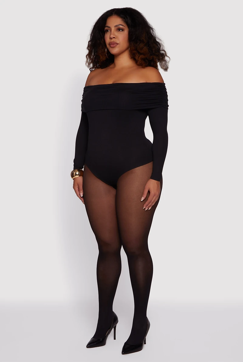 Womens Plus Fold Over Off Shoulder Long Sleeve Bodysuit,