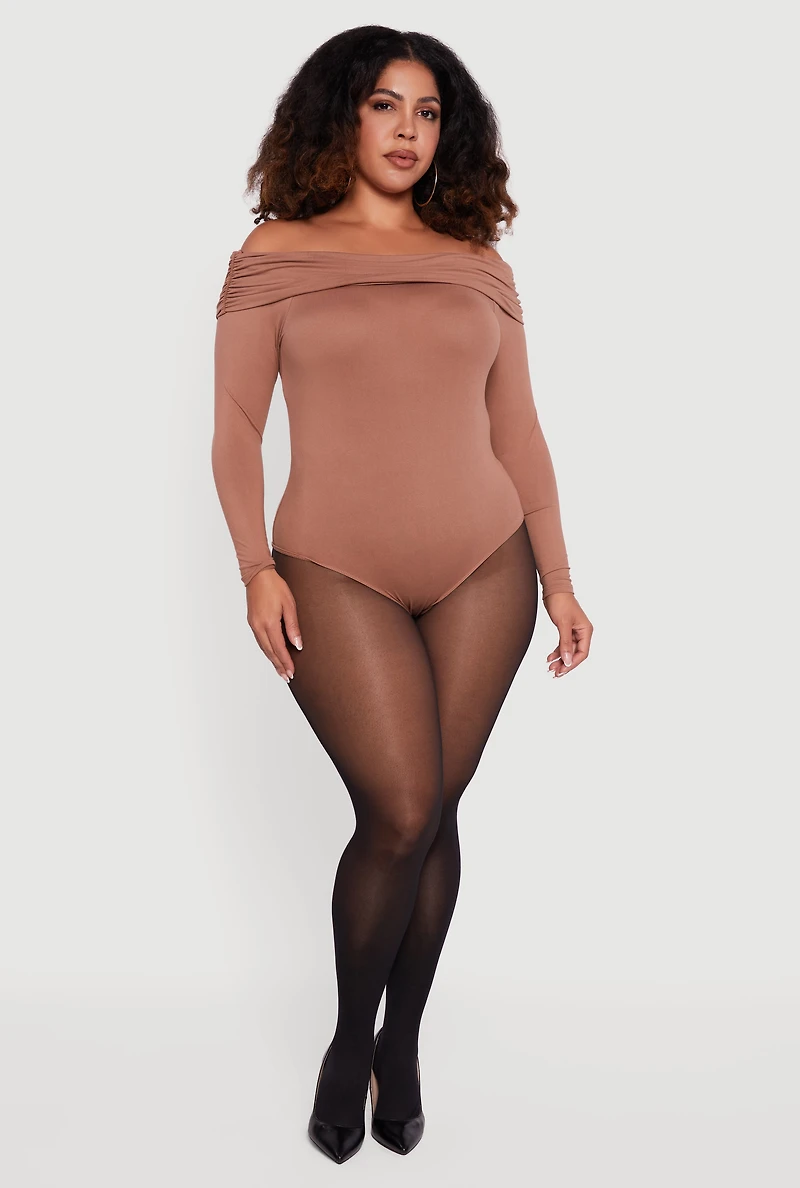 Womens Plus Size Fold Over Off Shoulder Long Sleeve Bodysuit, Beige, Size 3X