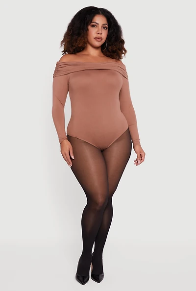Plus Fold Over Off Shoulder Long Sleeve Bodysuit