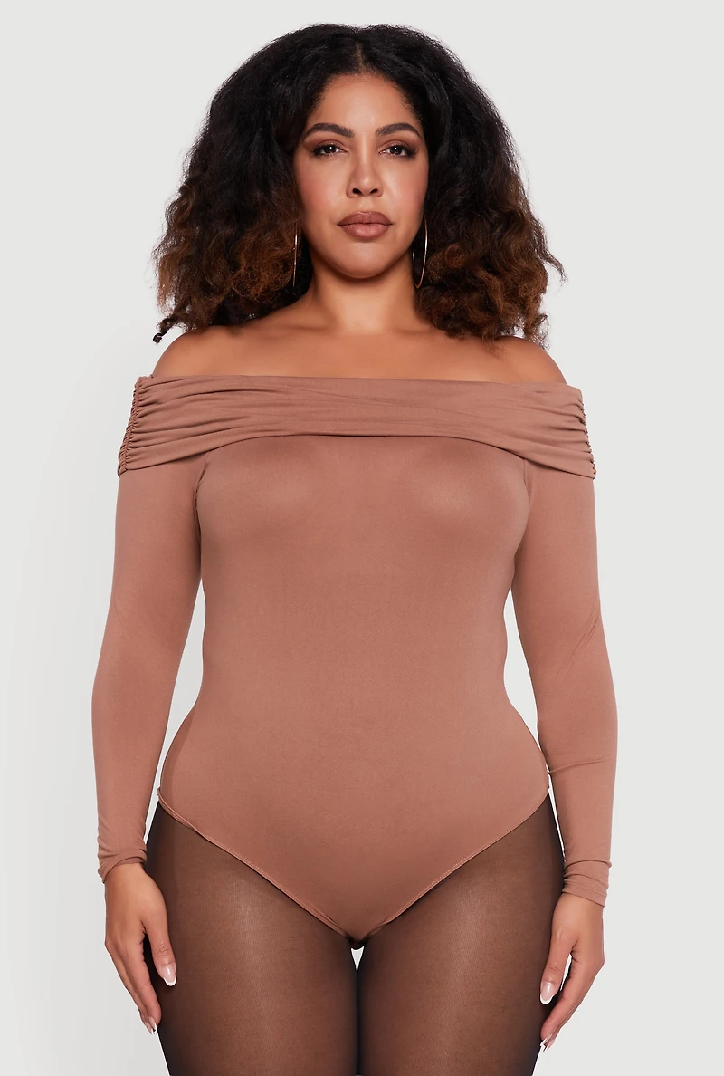 Womens Plus Size Fold Over Off Shoulder Long Sleeve Bodysuit, Beige, Size 3X