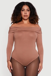 Womens Plus Size Fold Over Off Shoulder Long Sleeve Bodysuit, Beige, Size 3X