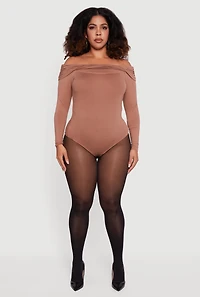 Plus Fold Over Off Shoulder Long Sleeve Bodysuit