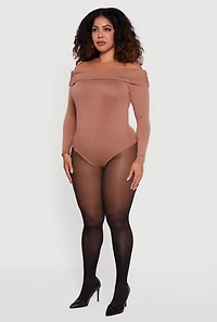 Plus Fold Over Off Shoulder Long Sleeve Bodysuit