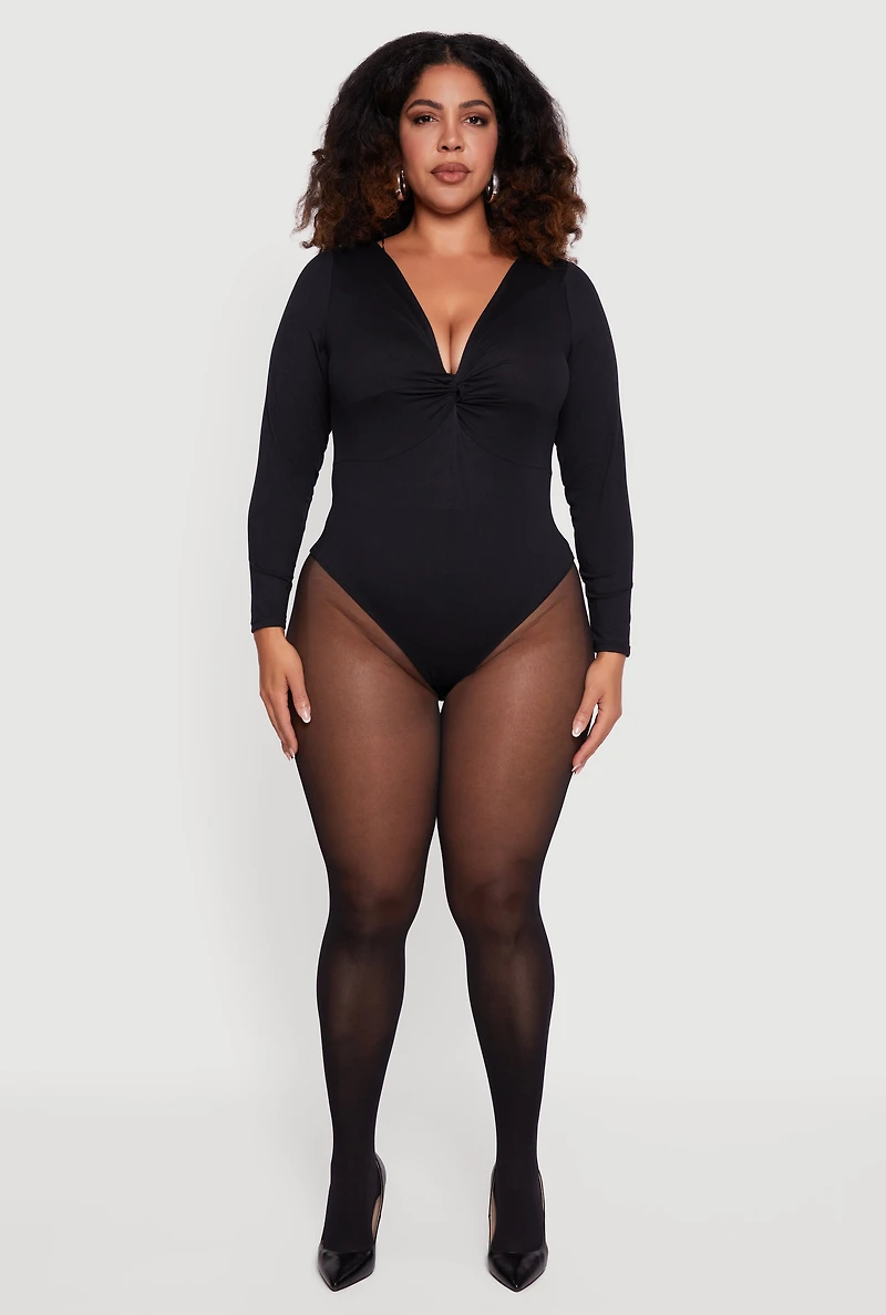 Womens Plus Size Twist Front Plunge Neck Long Sleeve Bodysuit, Black, Size 1X