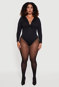 Womens Plus Size Twist Front Plunge Neck Long Sleeve Bodysuit, Black, Size 1X