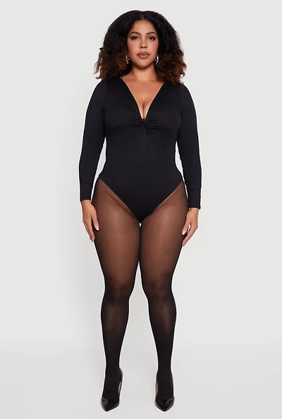 Plus Twist Front Plunge Neck Long Sleeve Bodysuit