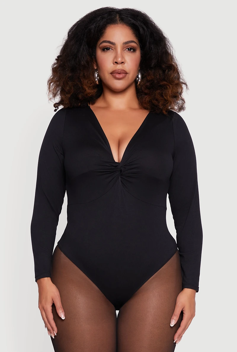 Womens Plus Size Twist Front Plunge Neck Long Sleeve Bodysuit, Black, Size 1X
