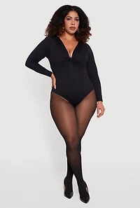 Plus Twist Front Plunge Neck Long Sleeve Bodysuit